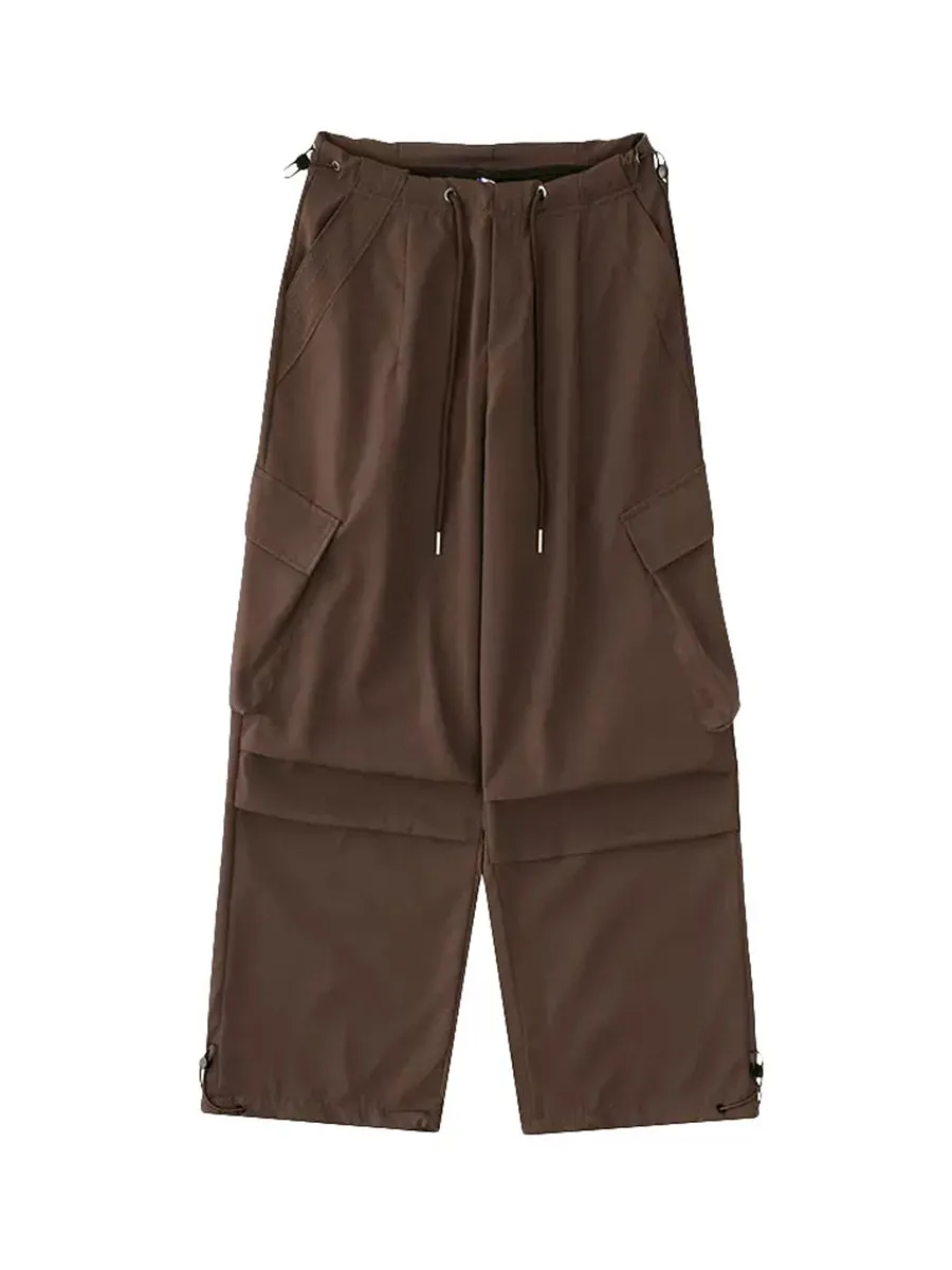 Solid Color Wide-Leg Cargo Drawstring Casual Pants