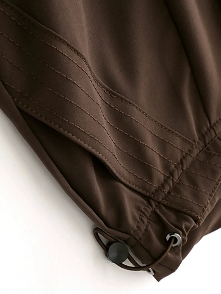 Solid Color Wide-Leg Cargo Drawstring Casual Pants