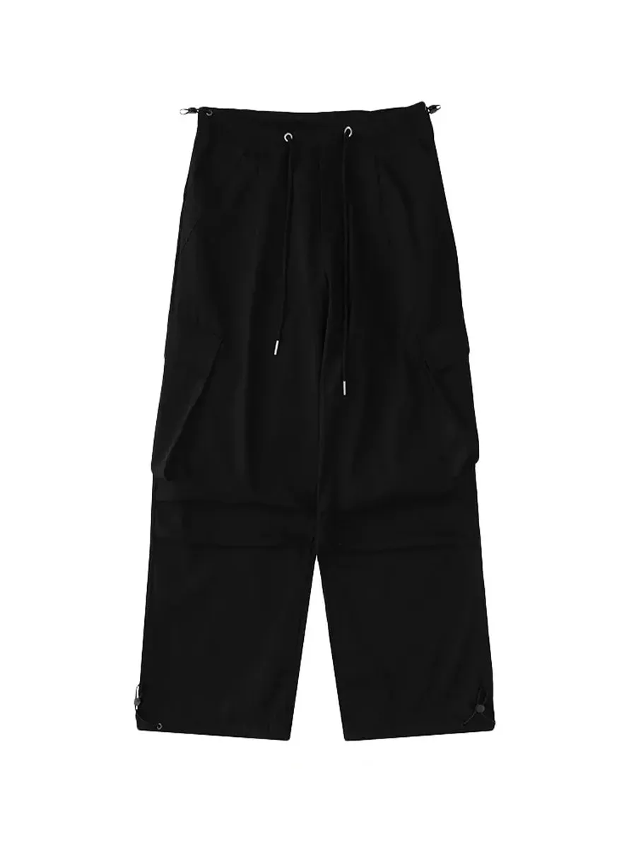 Solid Color Wide-Leg Cargo Drawstring Casual Pants
