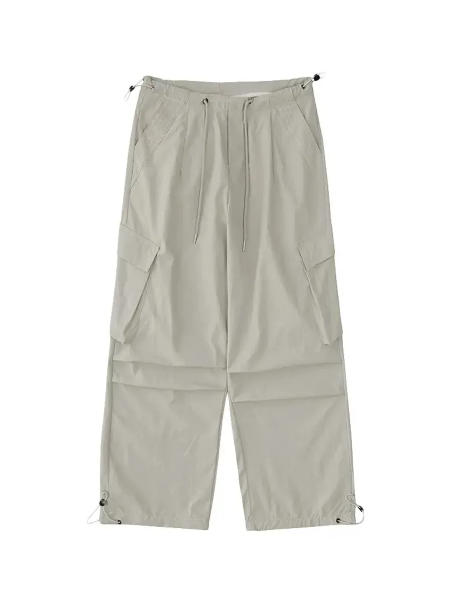 Solid Color Wide-Leg Cargo Drawstring Casual Pants