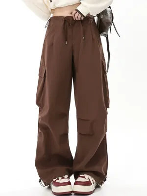 Solid Color Wide-Leg Cargo Drawstring Casual Pants