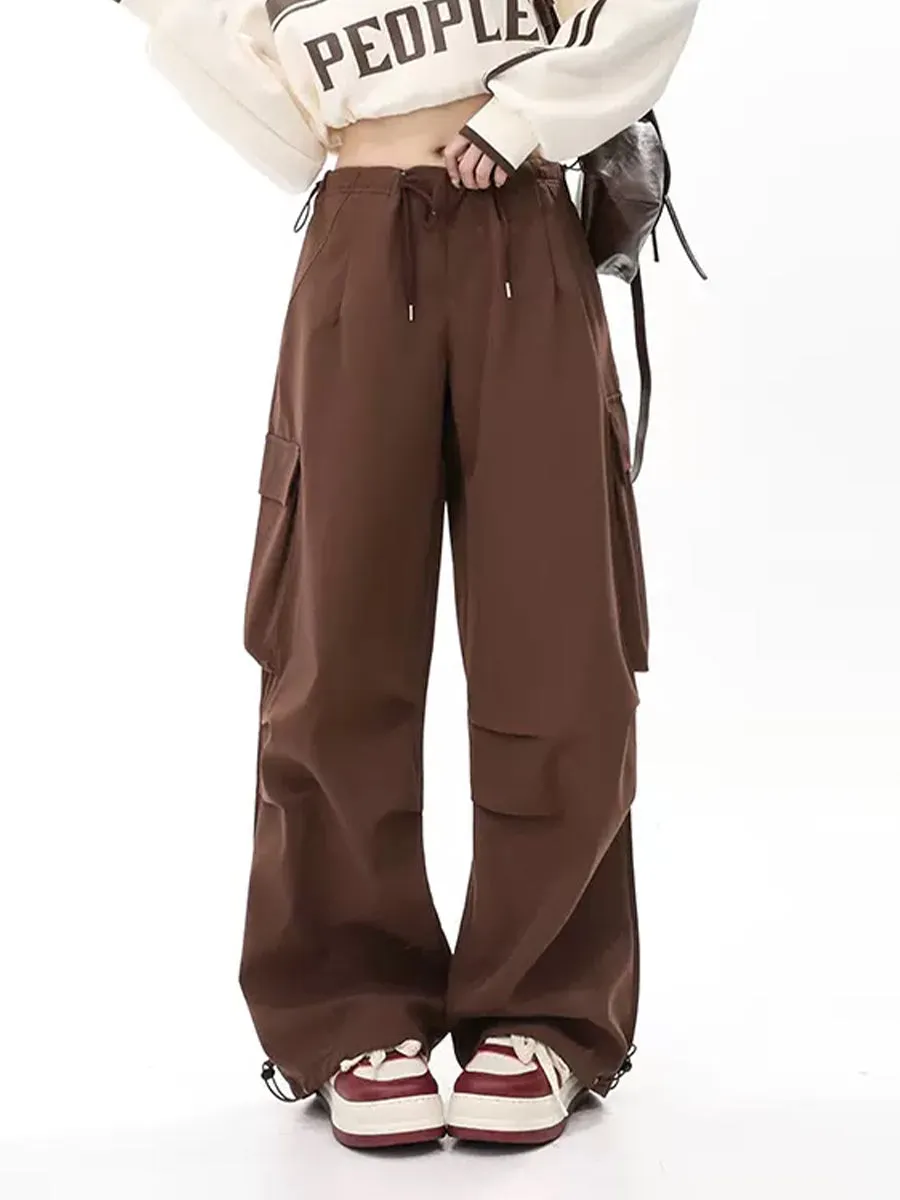 Solid Color Wide-Leg Cargo Drawstring Casual Pants