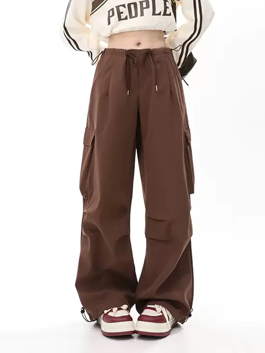 Solid Color Wide-Leg Cargo Drawstring Casual Pants