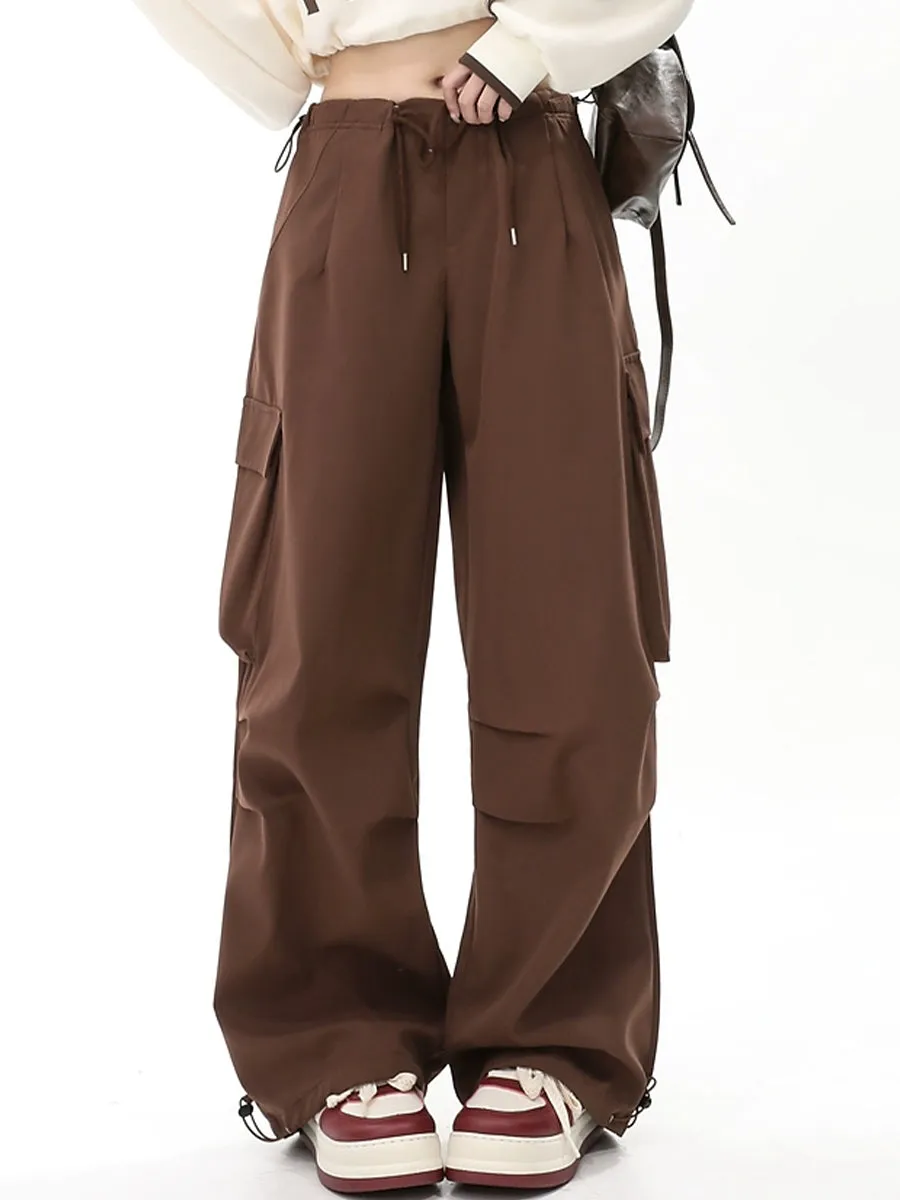 Solid Color Wide-Leg Cargo Drawstring Casual Pants