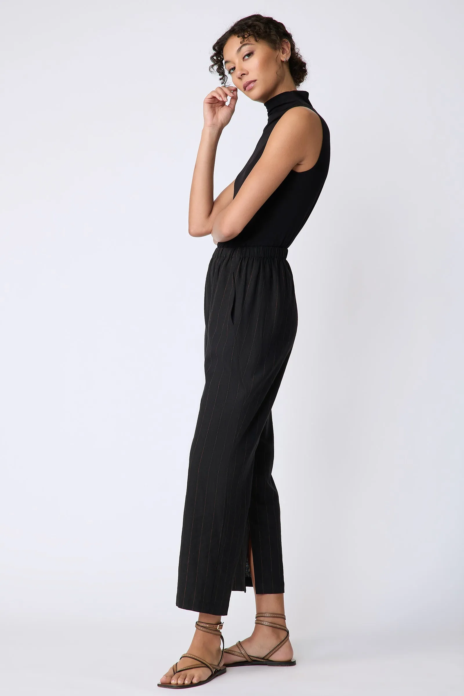 Split Hem Capri - Black & Rust Pinstripe