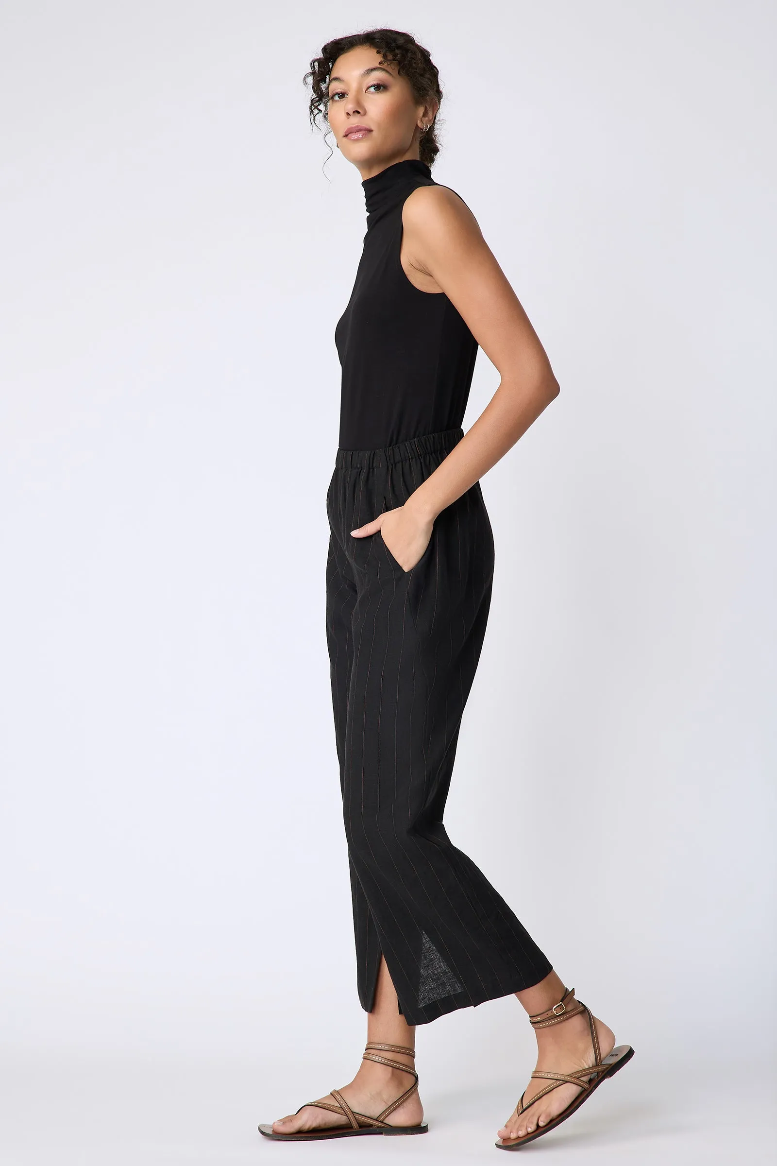 Split Hem Capri - Black & Rust Pinstripe