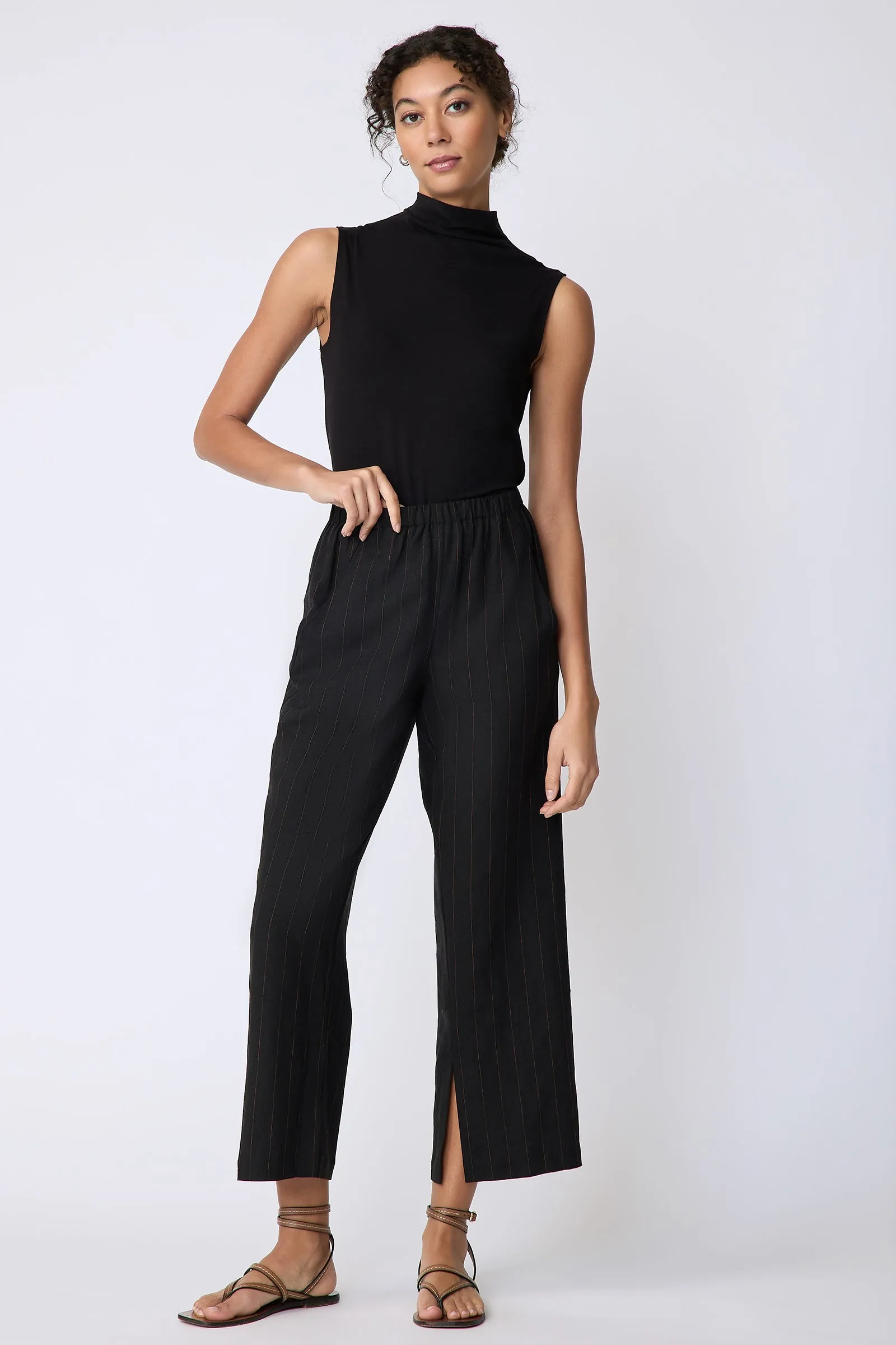 Split Hem Capri - Black & Rust Pinstripe