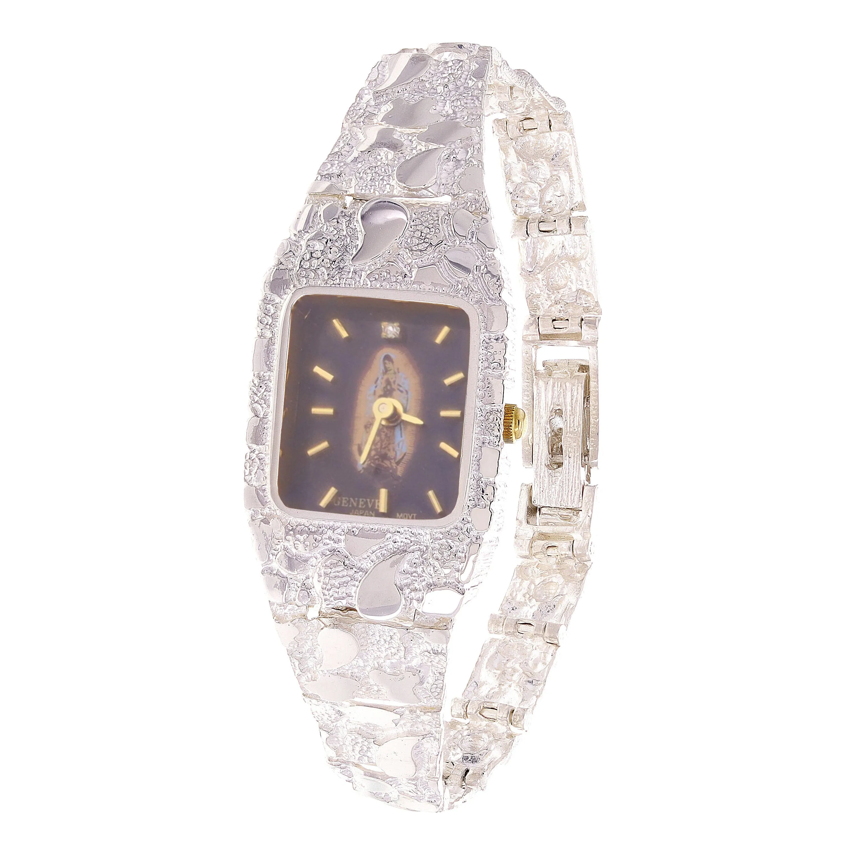 Sterling Silver Nugget Link Wrist Watch Guadalupe Geneve Diamond  7-7.5" 26g