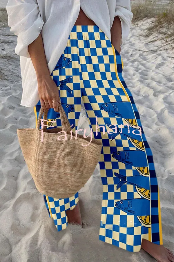 Unique Marine Print Elastic Waist Loose Pocket Pants