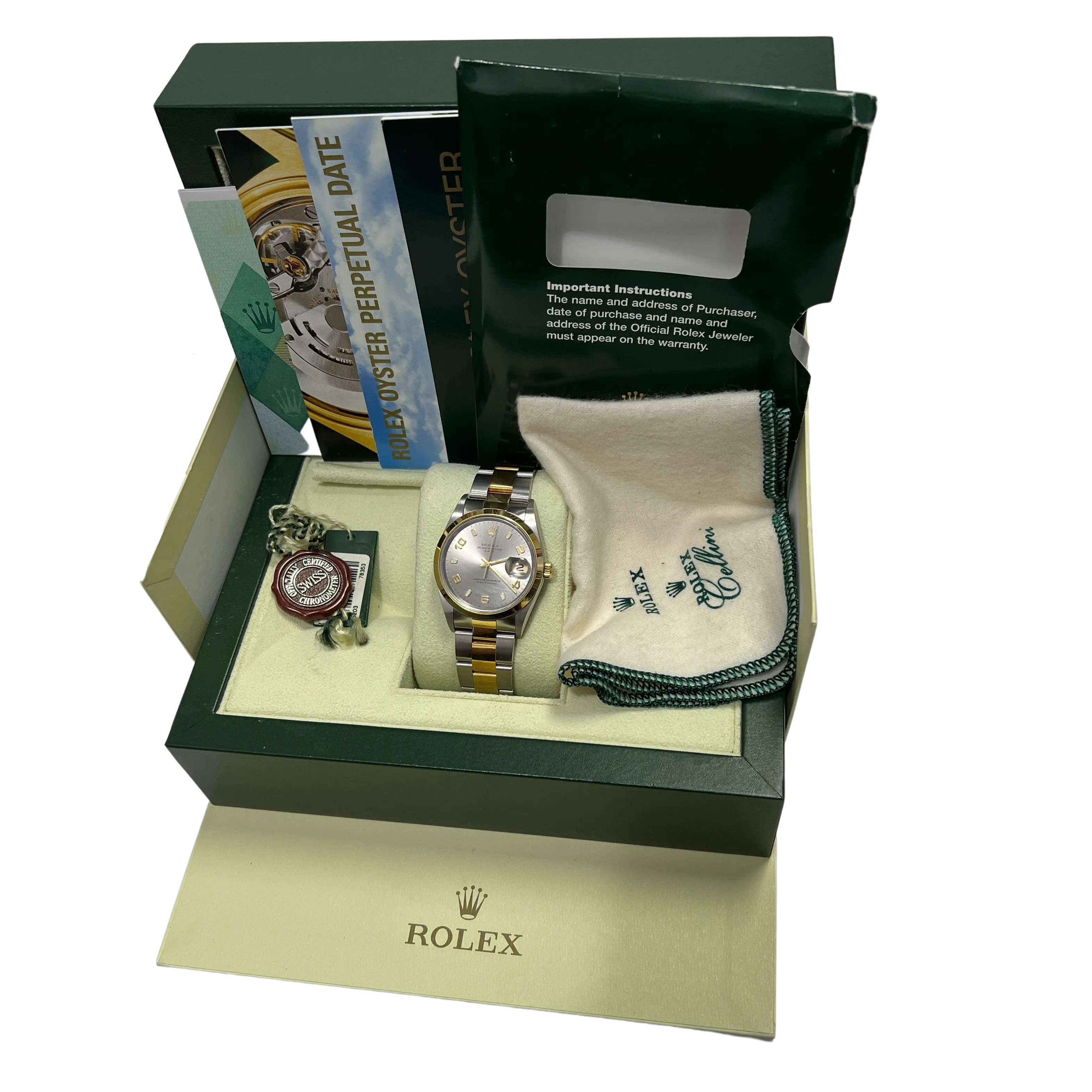 UNPOLISHED 2010 COMPLETE SET Rolex Date Slate Gray 34mm Two-Tone Watch 15203