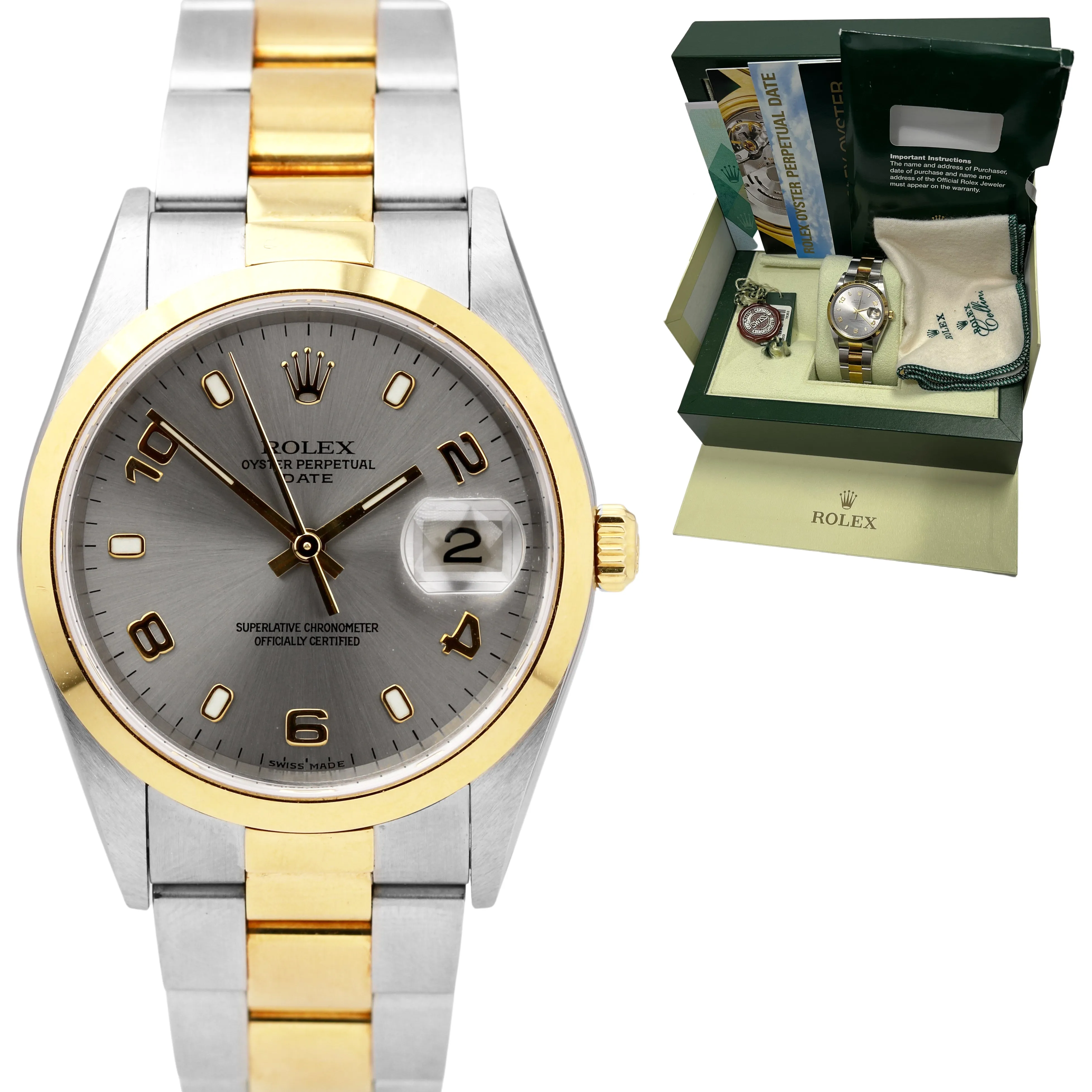 UNPOLISHED 2010 COMPLETE SET Rolex Date Slate Gray 34mm Two-Tone Watch 15203