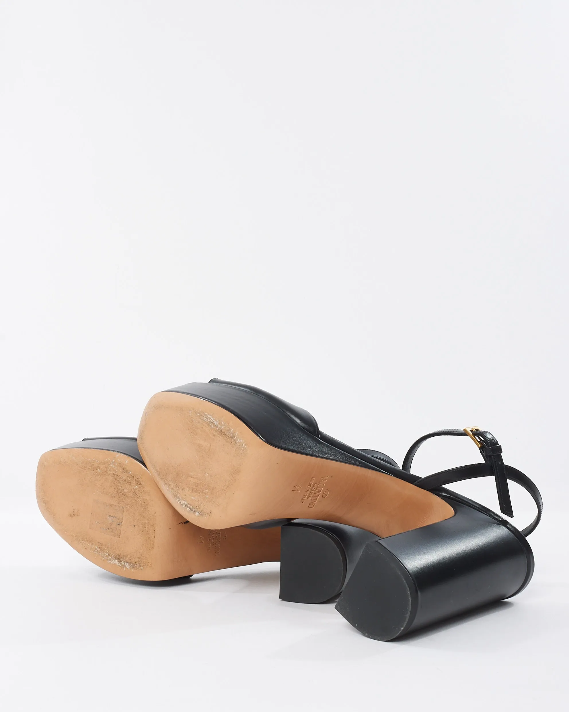 Valentino Black Leather VLogo Signature Platform Sandals- 41