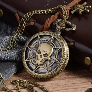 Vintage Bronze Steampunk Quartz Pocket Watch Halloween Carribean Pirate Skull Head Horror with Chain for Men Pendant Necklace