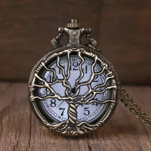 Vintage Classical Bronze Tree of Life Quartz Pocket Watch Analog Pendant Necklace Men Women Watches Chain Children Gift