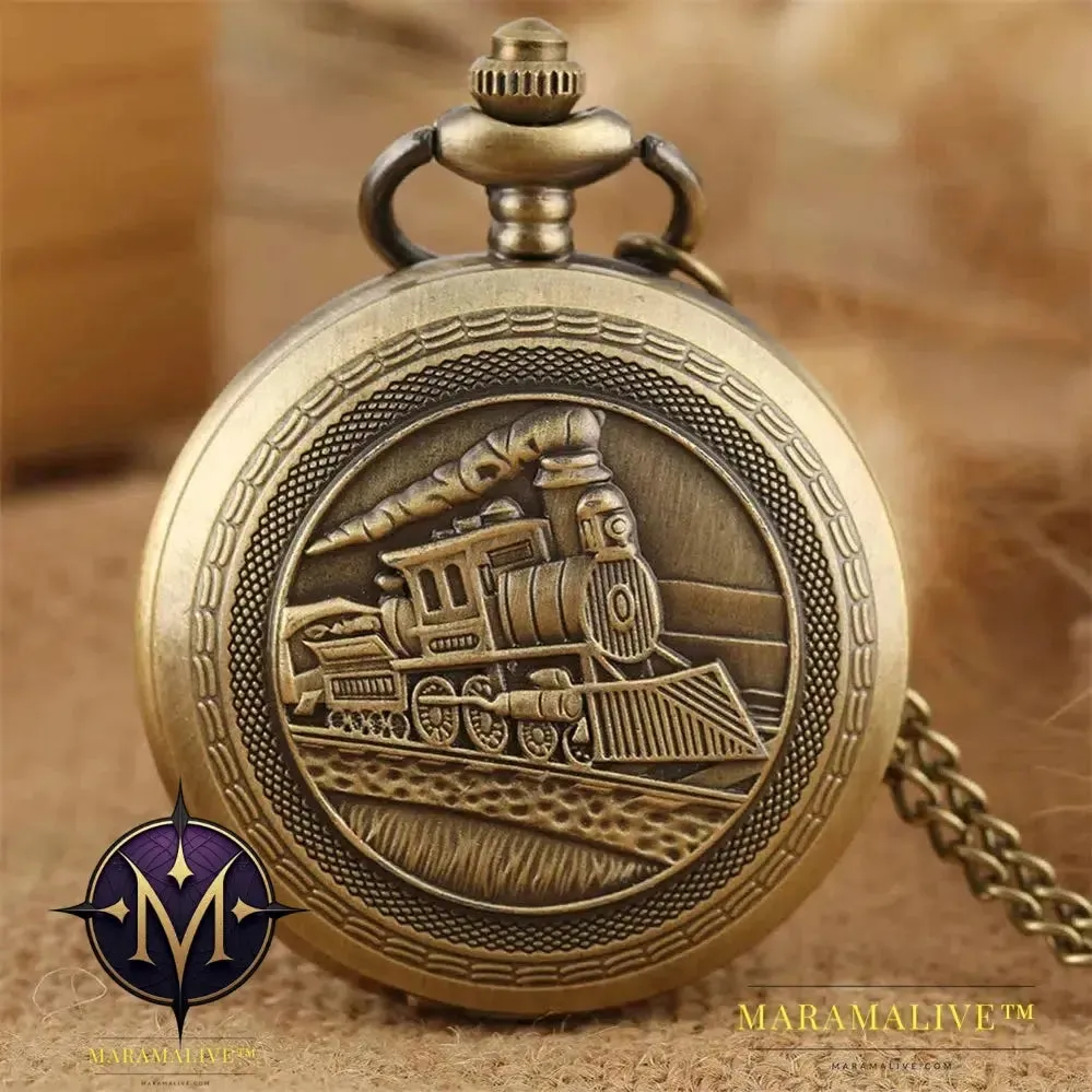 Vintage Retro Bronze Hollow Train Locomotive Steampunk Quartz Pocket Watch Women Men Necklace Pendant with Chain Birthday Gift