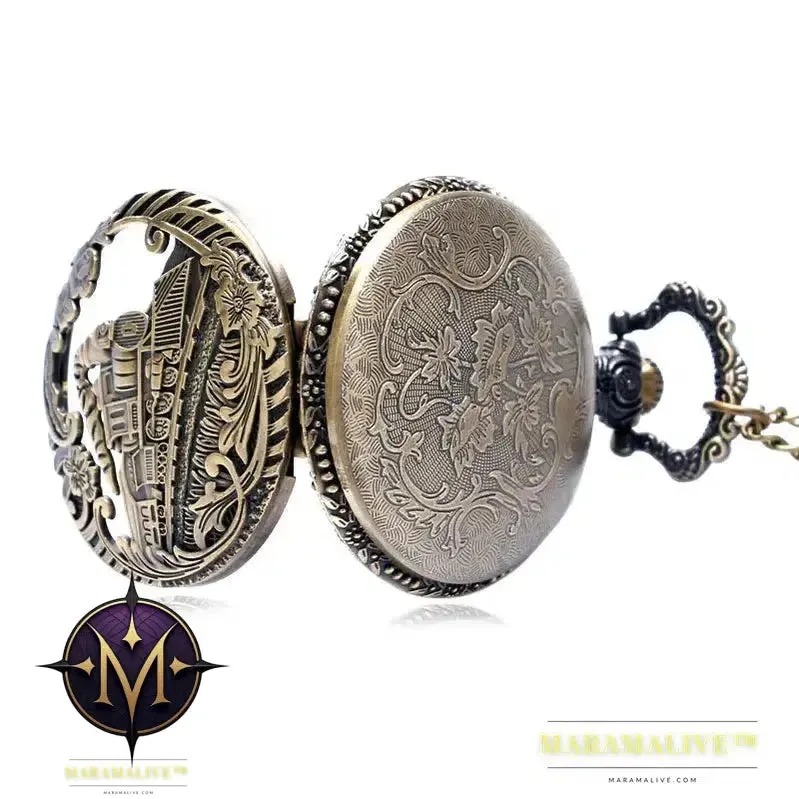 Vintage Retro Bronze Hollow Train Locomotive Steampunk Quartz Pocket Watch Women Men Necklace Pendant with Chain Birthday Gift