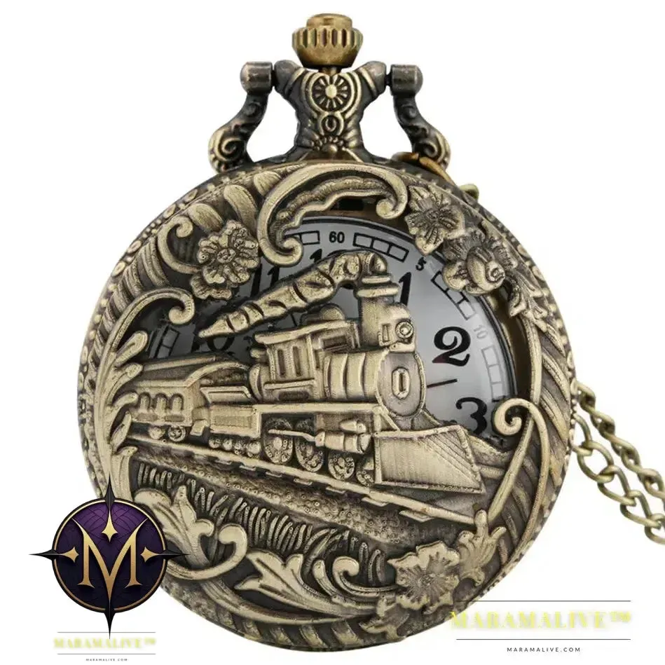 Vintage Retro Bronze Hollow Train Locomotive Steampunk Quartz Pocket Watch Women Men Necklace Pendant with Chain Birthday Gift