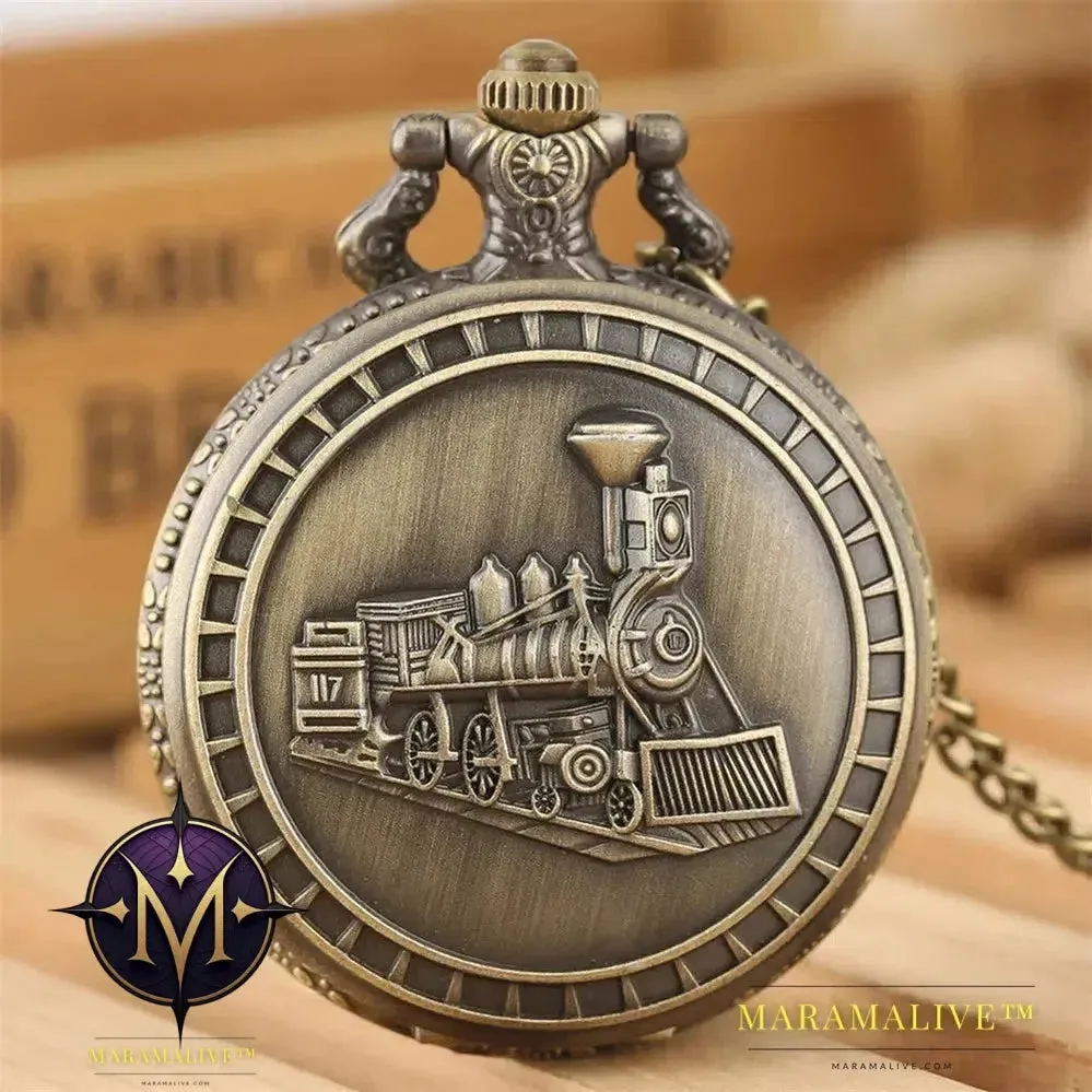 Vintage Retro Bronze Hollow Train Locomotive Steampunk Quartz Pocket Watch Women Men Necklace Pendant with Chain Birthday Gift