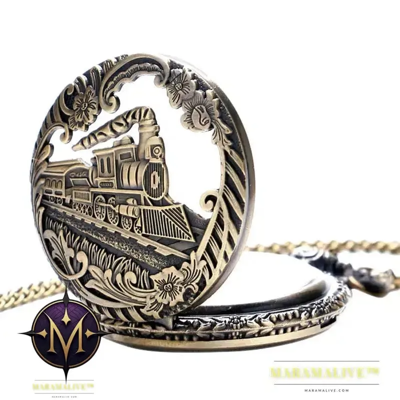 Vintage Retro Bronze Hollow Train Locomotive Steampunk Quartz Pocket Watch Women Men Necklace Pendant with Chain Birthday Gift