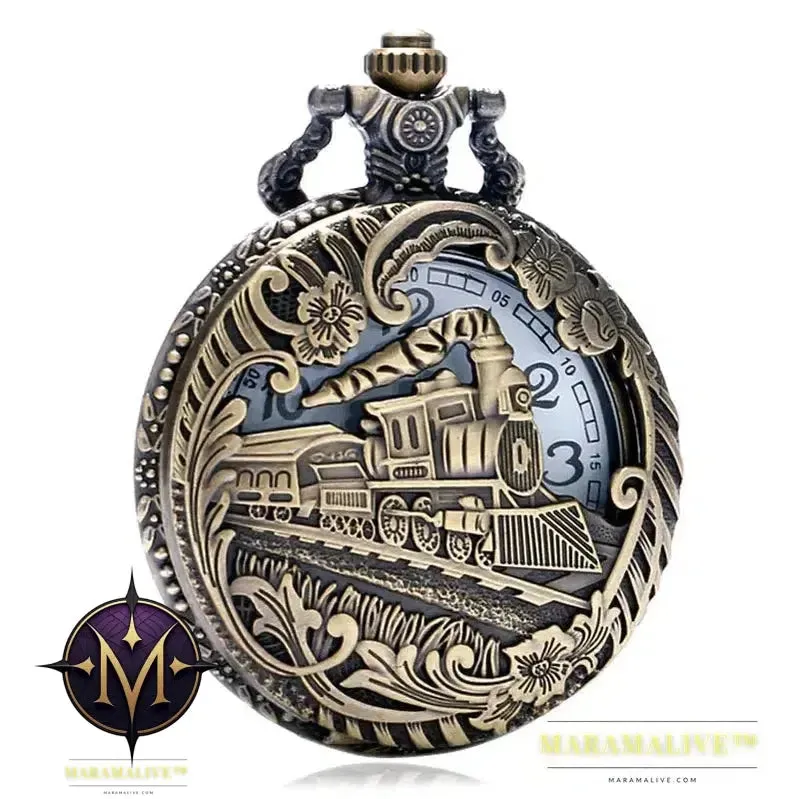 Vintage Retro Bronze Hollow Train Locomotive Steampunk Quartz Pocket Watch Women Men Necklace Pendant with Chain Birthday Gift