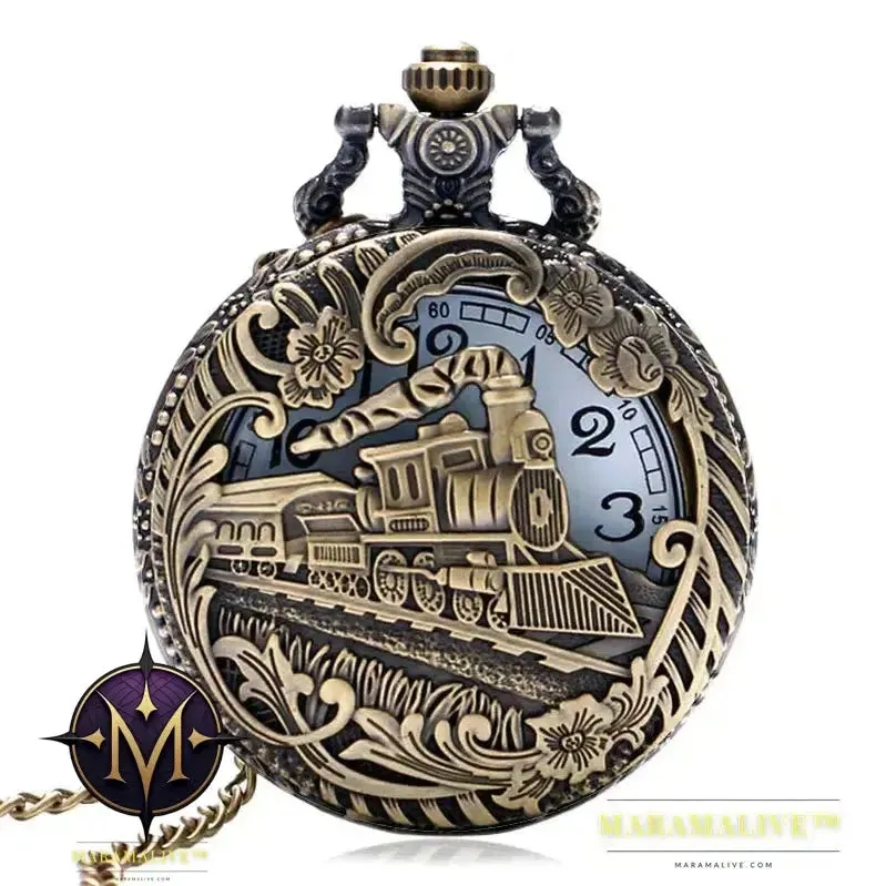 Vintage Retro Bronze Hollow Train Locomotive Steampunk Quartz Pocket Watch Women Men Necklace Pendant with Chain Birthday Gift