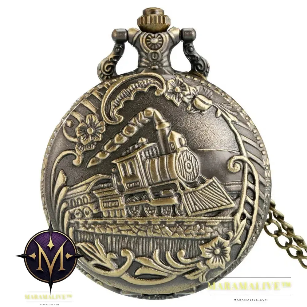 Vintage Retro Bronze Hollow Train Locomotive Steampunk Quartz Pocket Watch Women Men Necklace Pendant with Chain Birthday Gift