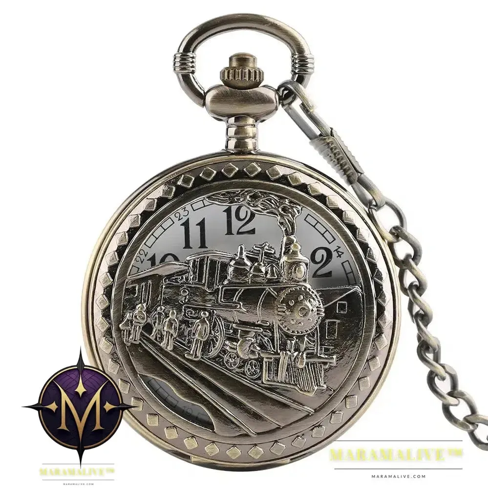 Vintage Retro Bronze Hollow Train Locomotive Steampunk Quartz Pocket Watch Women Men Necklace Pendant with Chain Birthday Gift