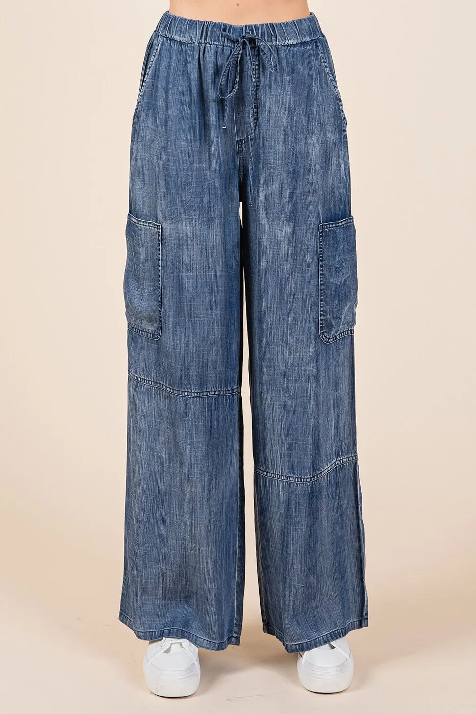 Washed Chambray Elastic Waist Cargo Wide Leg Pants