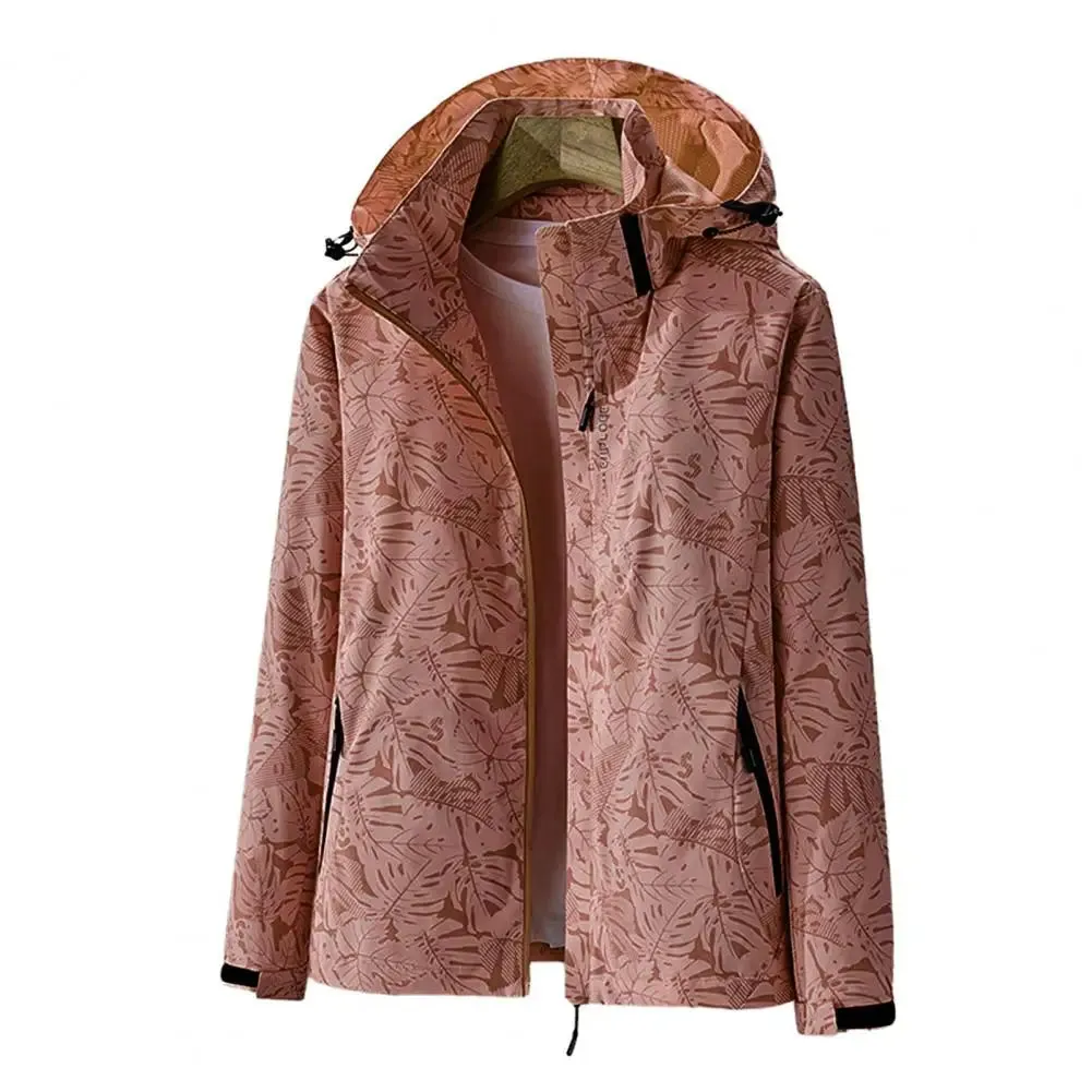 Waterproof Women Coat Stylish Leaf Print Windbreaker Jacket for Women with Hood Waterproof Breathable Outdoor Coat with for Fall