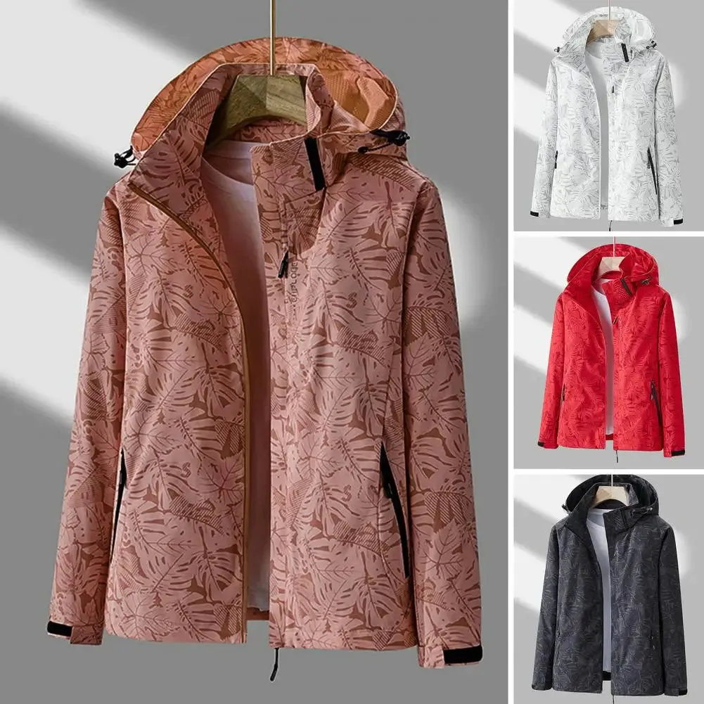Waterproof Women Coat Stylish Leaf Print Windbreaker Jacket for Women with Hood Waterproof Breathable Outdoor Coat with for Fall