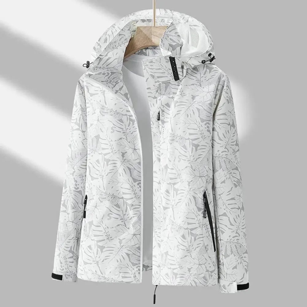 Waterproof Women Coat Stylish Leaf Print Windbreaker Jacket for Women with Hood Waterproof Breathable Outdoor Coat with for Fall