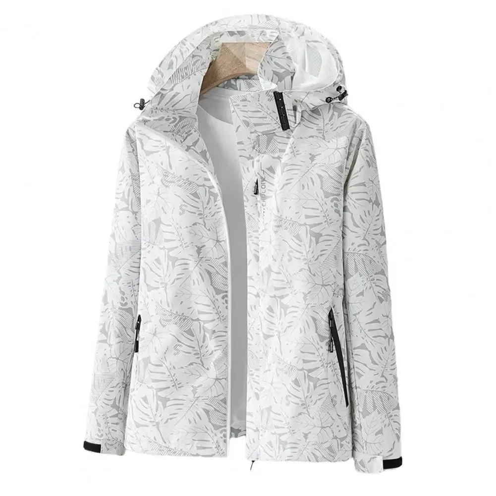 Waterproof Women Coat Stylish Leaf Print Windbreaker Jacket for Women with Hood Waterproof Breathable Outdoor Coat with for Fall