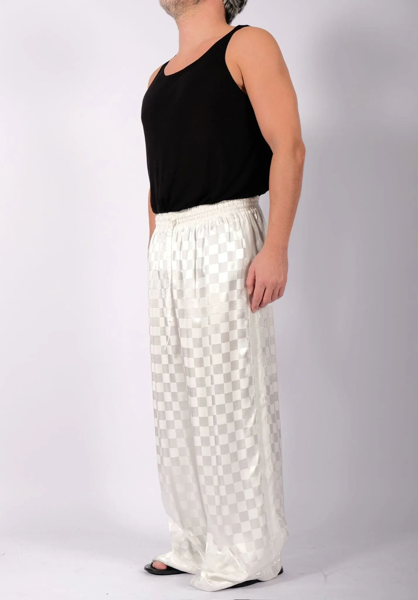 White Checkered Wide Leg Trousers