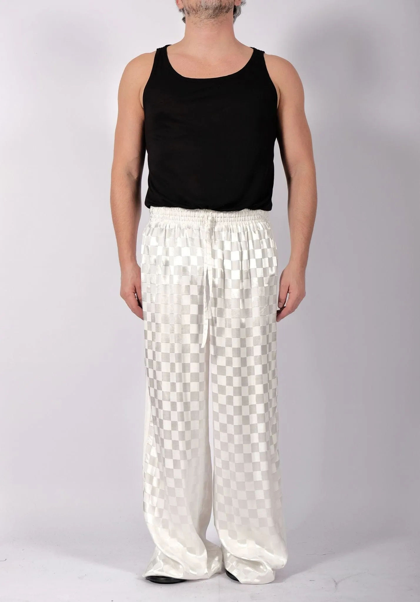 White Checkered Wide Leg Trousers