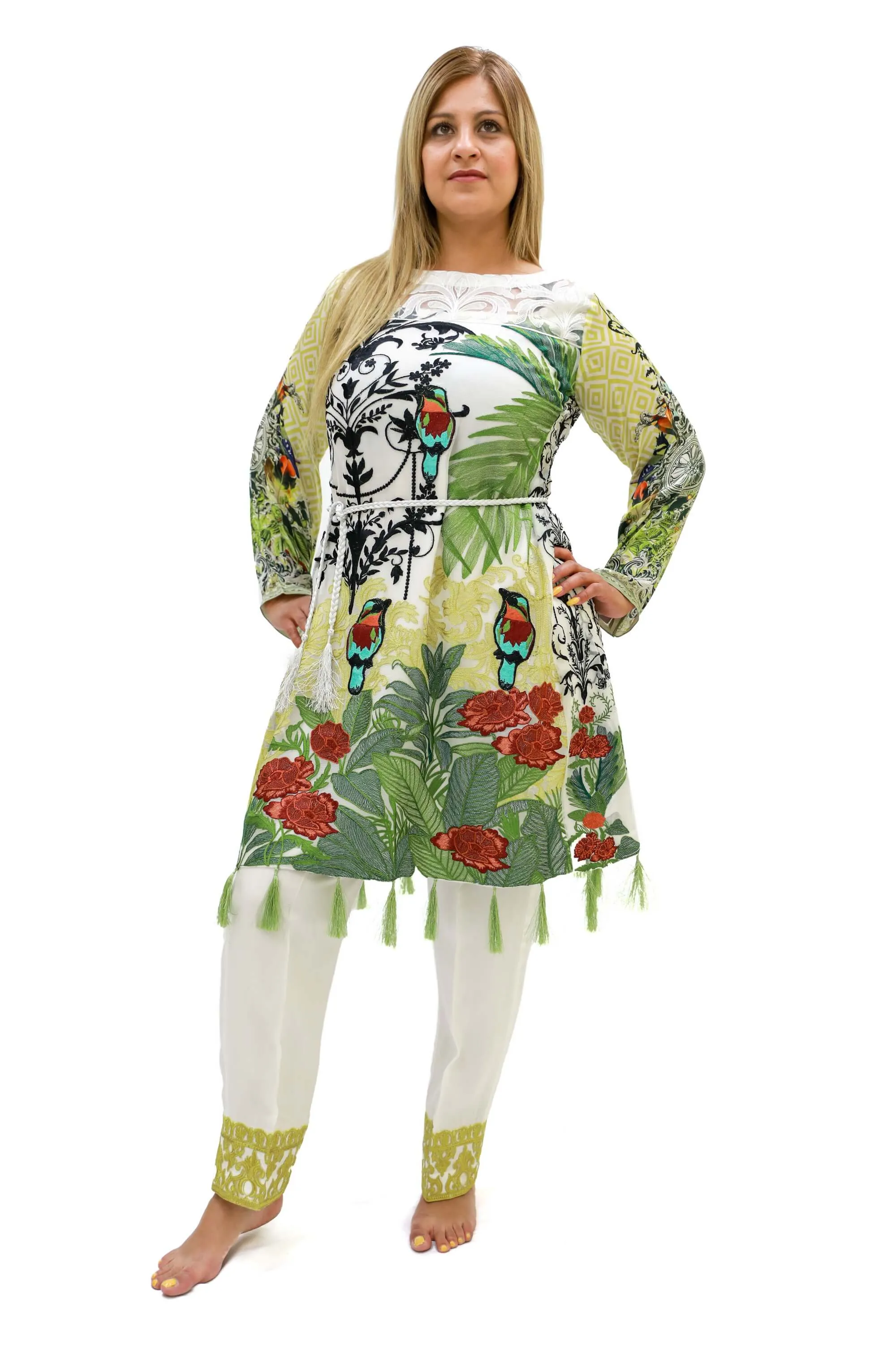 White Chiffon Salwar Kameez-Suit With Green Designs