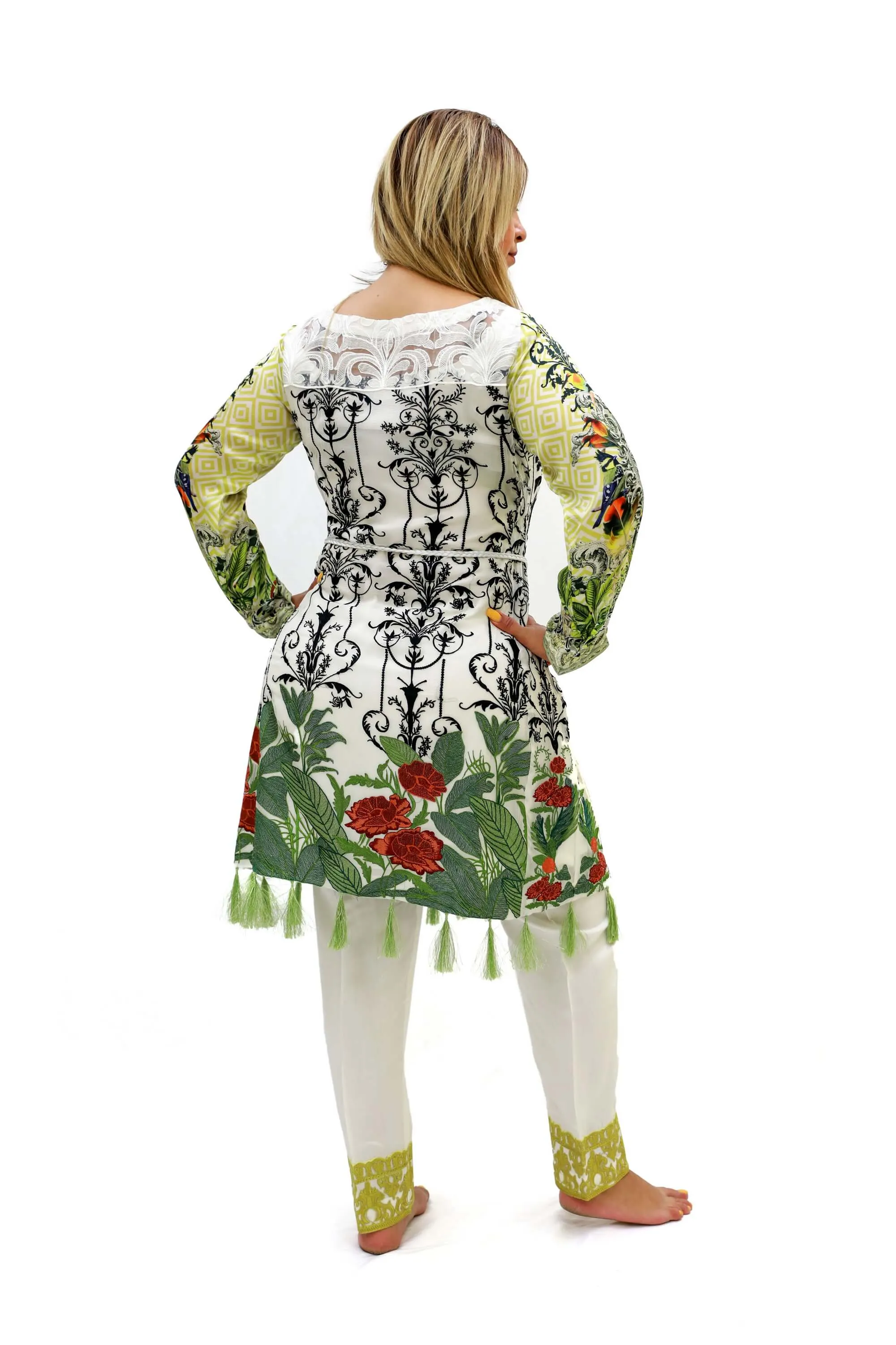 White Chiffon Salwar Kameez-Suit With Green Designs
