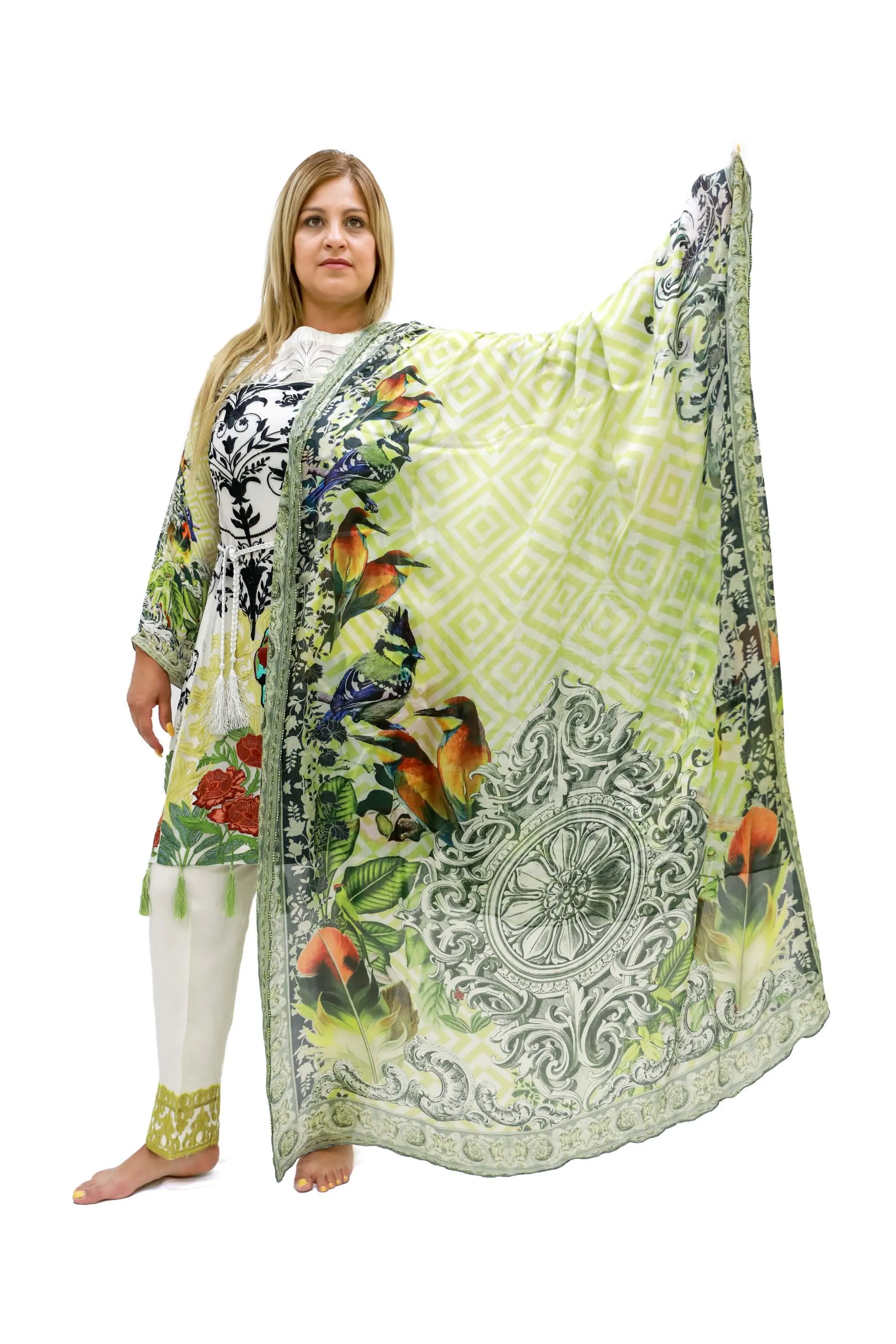 White Chiffon Salwar Kameez-Suit With Green Designs