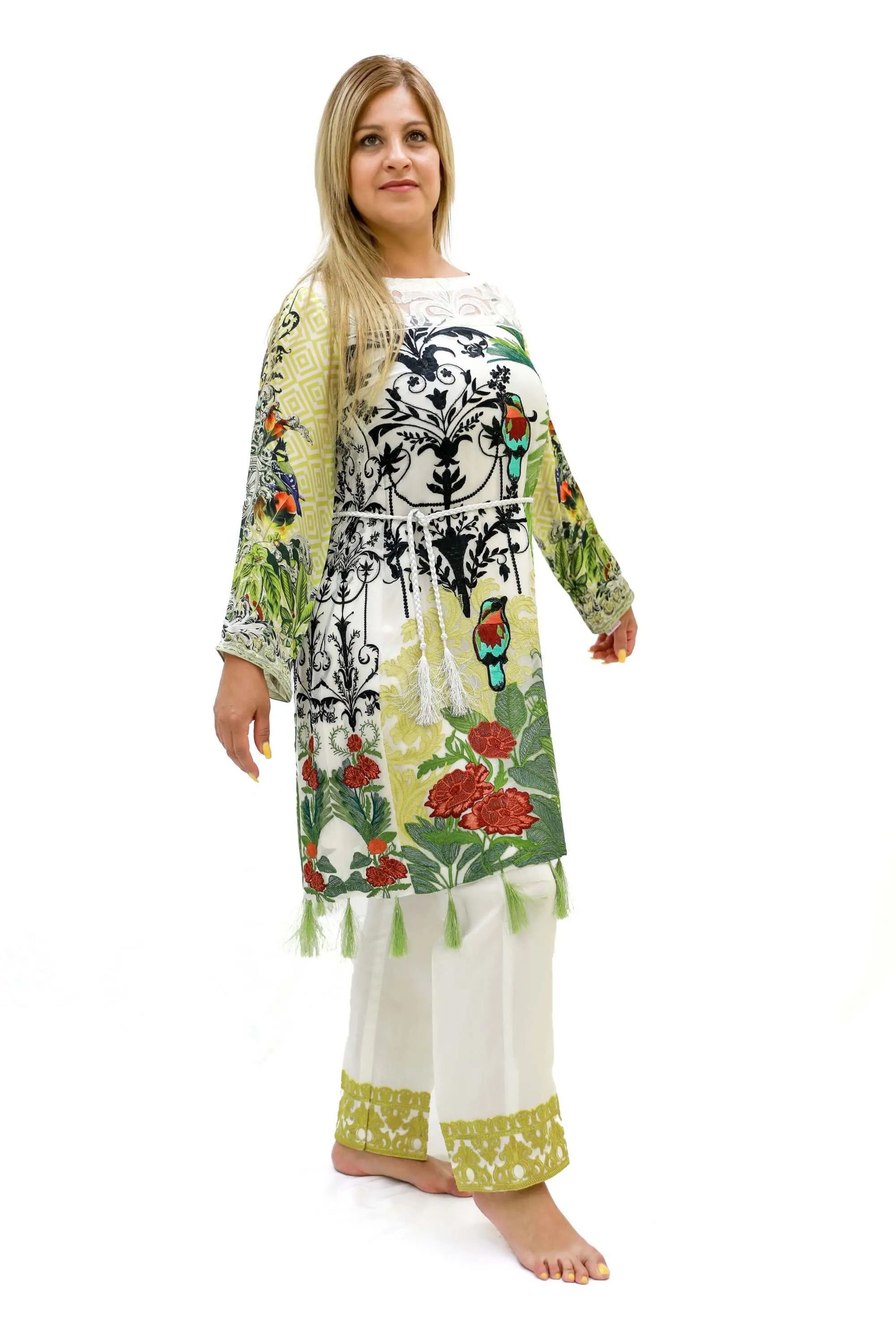 White Chiffon Salwar Kameez-Suit With Green Designs