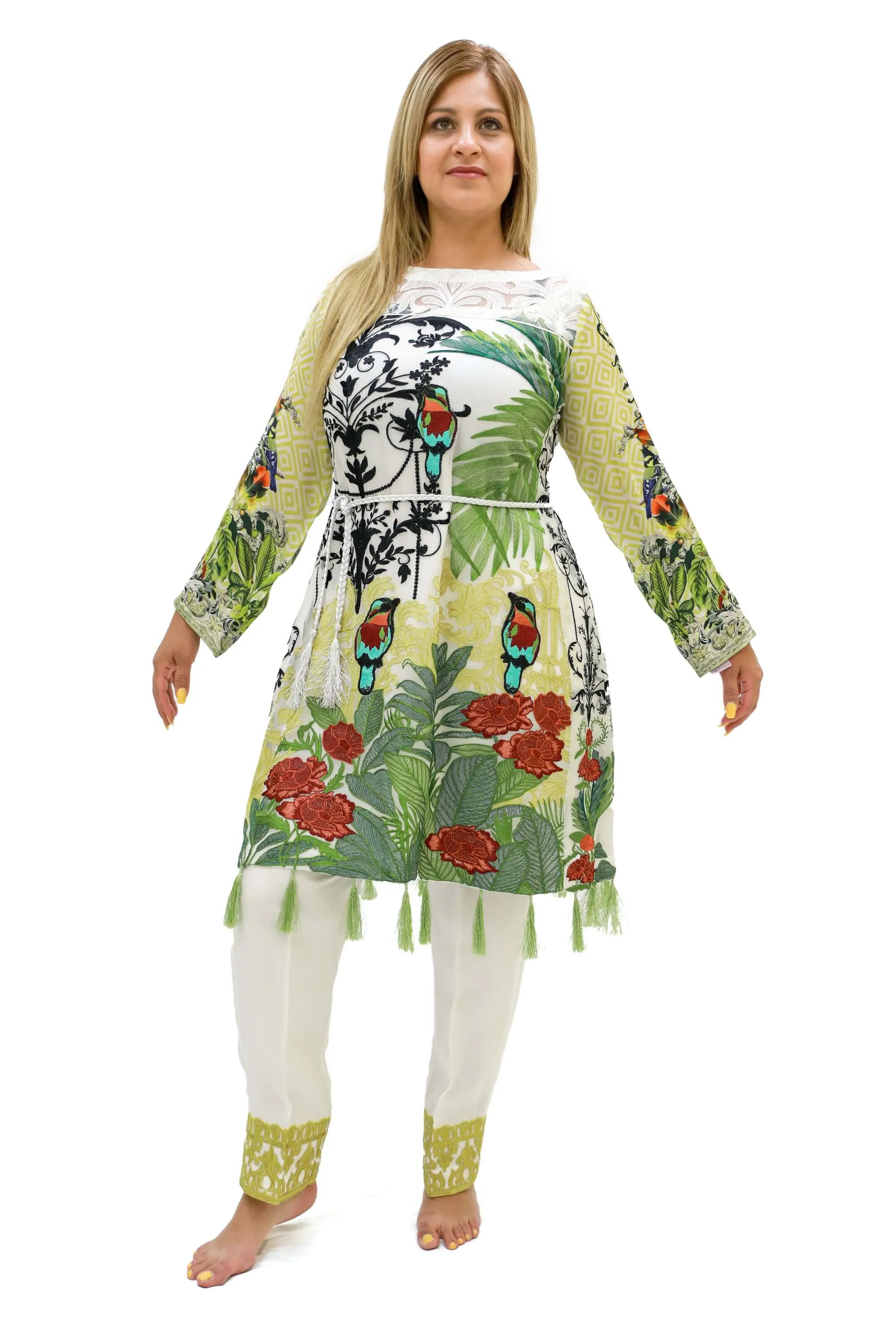 White Chiffon Salwar Kameez-Suit With Green Designs