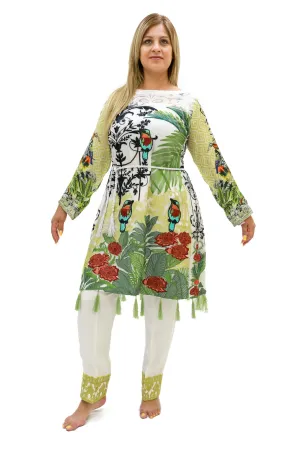 White Chiffon Salwar Kameez-Suit With Green Designs