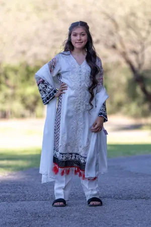 White Silk Cotton Embroidered Salwar Kameez - Suit