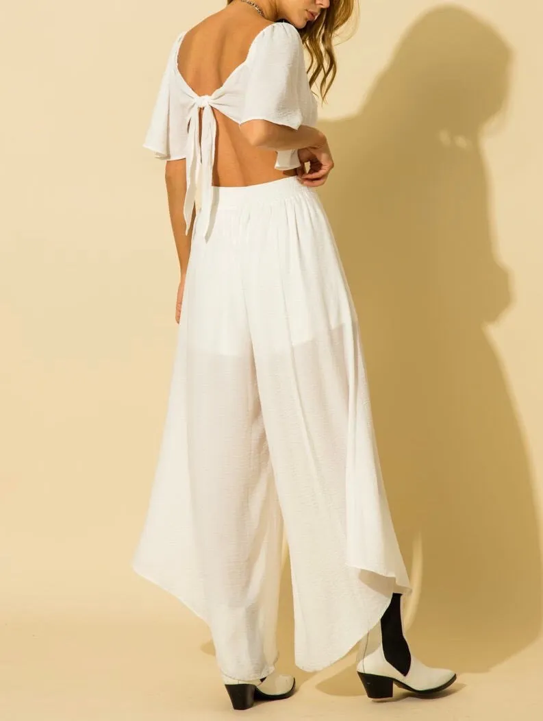 Wide Leg Elastic Waist Pleat Tulip Hem Pant