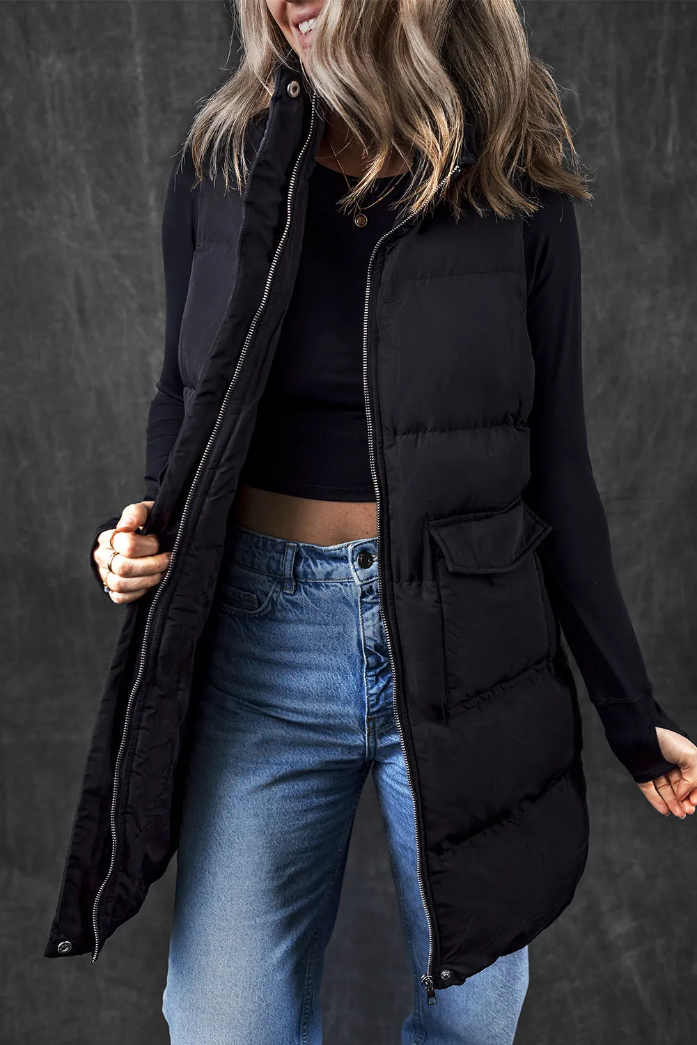 Windproof Longline Full Zipper Puffer Vest