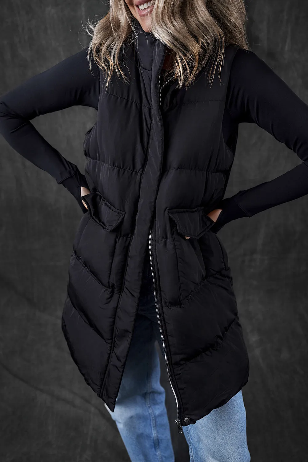 Windproof Longline Full Zipper Puffer Vest