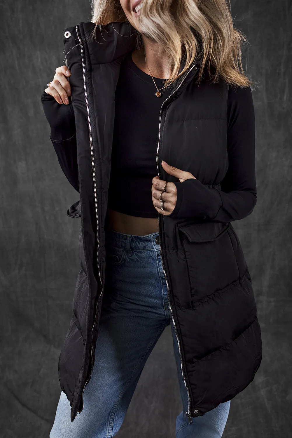 Windproof Longline Full Zipper Puffer Vest