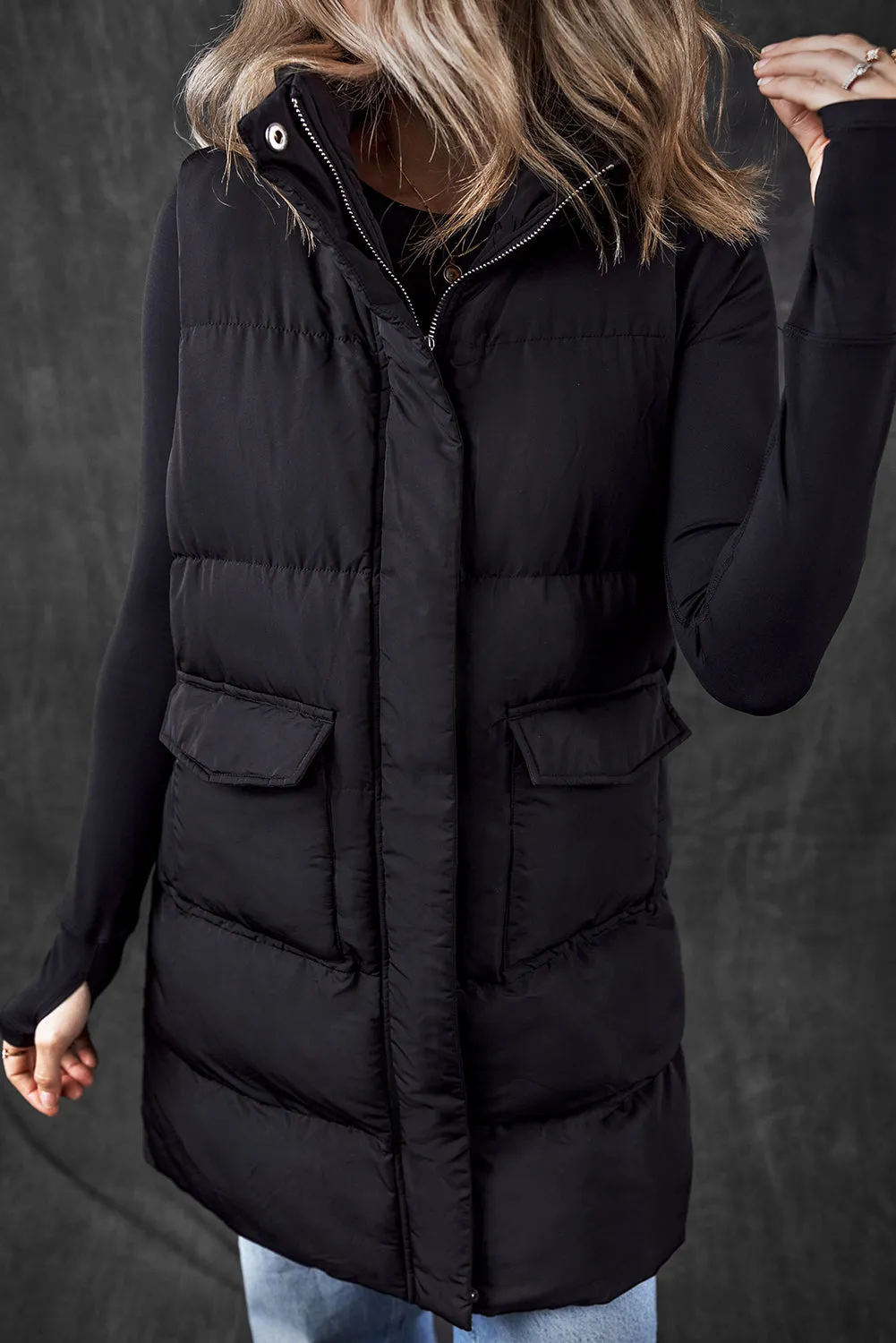 Windproof Longline Full Zipper Puffer Vest