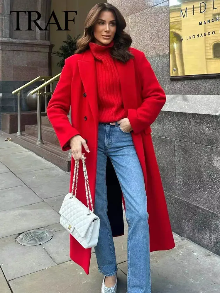 Winter Thick Windbreaker Red Long Blended Button Woolen Loose Retro Coat