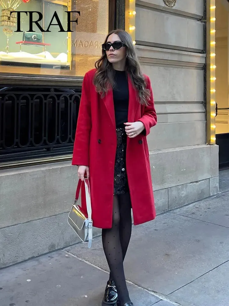 Winter Thick Windbreaker Red Long Blended Button Woolen Loose Retro Coat