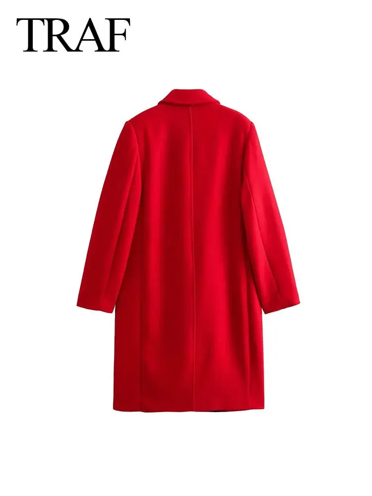 Winter Thick Windbreaker Red Long Blended Button Woolen Loose Retro Coat