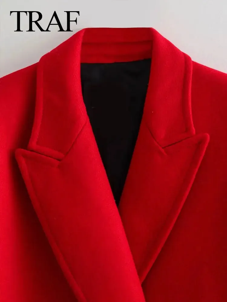 Winter Thick Windbreaker Red Long Blended Button Woolen Loose Retro Coat